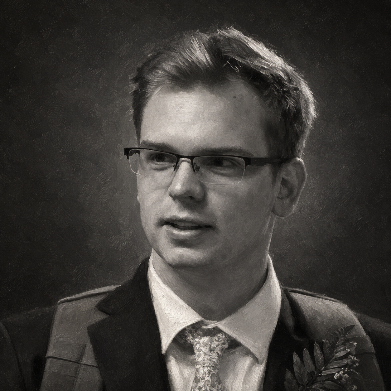 Black-and-white oil-painted portrait of Ben Zito wearing glasses and a suit.